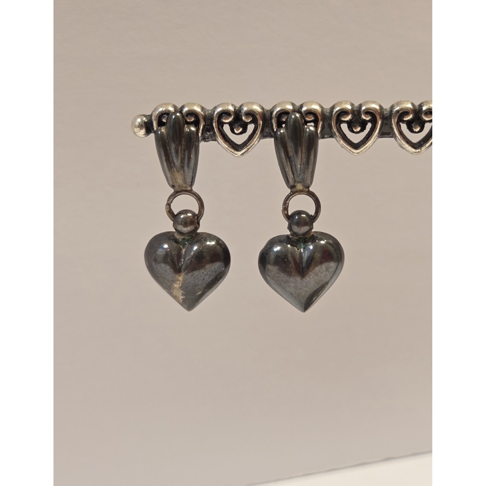 Vintage Oxidized Sterling Silver Puffy Heart Dangle Earrings 925